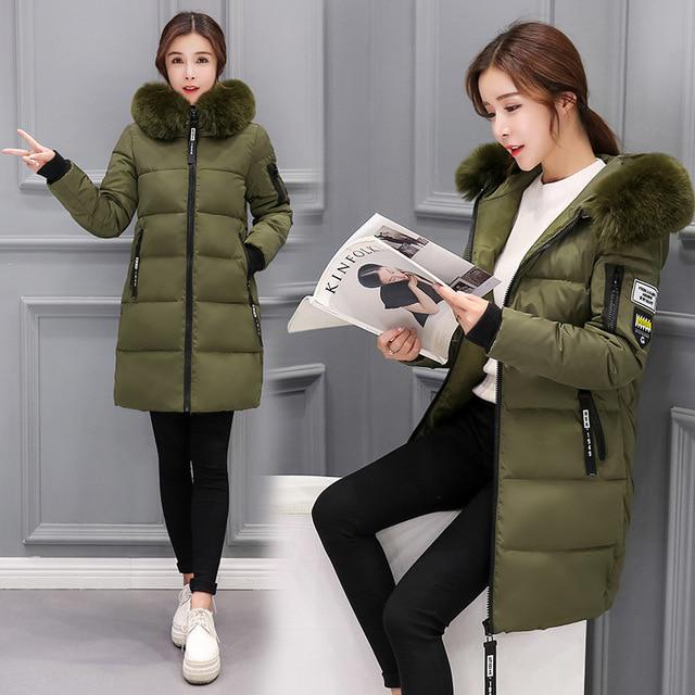 Winter Unten Baumwolle Jacke Frauen Lange Mantel Parkas Verdickung Weibliche Warme Kleidung Kaninchen Pelz Kragen Hohe Qualität Jacke 3XL armee grüne von Joom DACH