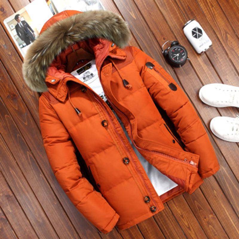 Winter Unten Mantel männer Taste Zipper Design Pelz Kragen Mit Kapuze Unten Jacke Dicke Warme Weiße Ente Unten Mantel Parka marke Männer Kleidung L von Joom DACH