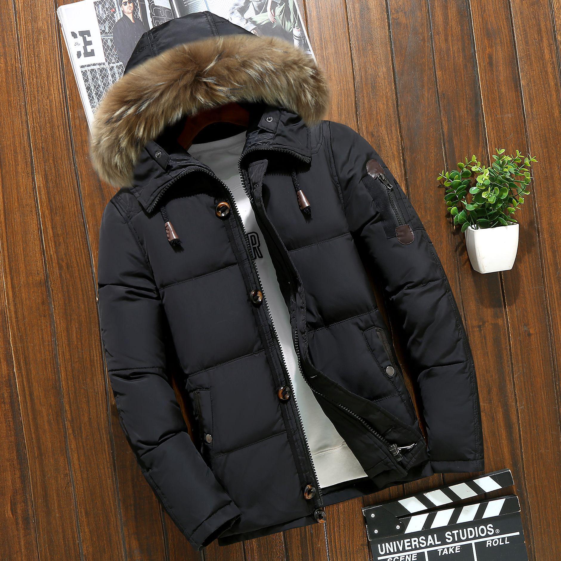 Winter Unten Mantel männer Taste Zipper Design Pelz Kragen Mit Kapuze Unten Jacke Dicke Warme Weiße Ente Unten Mantel Parka marke Männer Kleidung M schwarz von Joom DACH