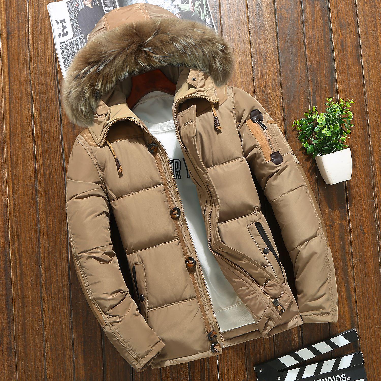 Winter Unten Mantel männer Taste Zipper Design Pelz Kragen Mit Kapuze Unten Jacke Dicke Warme Weiße Ente Unten Mantel Parka marke Männer Kleidung XL khaki von Joom DACH