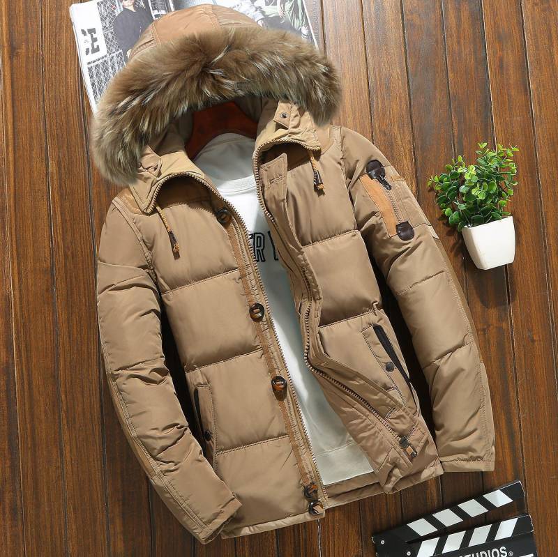 Winter Unten Mantel männer Taste Zipper Design Pelz Kragen Mit Kapuze Unten Jacke Dicke Warme Weiße Ente Unten Mantel Parka marke Männer Kleidung XL khaki von Joom DACH