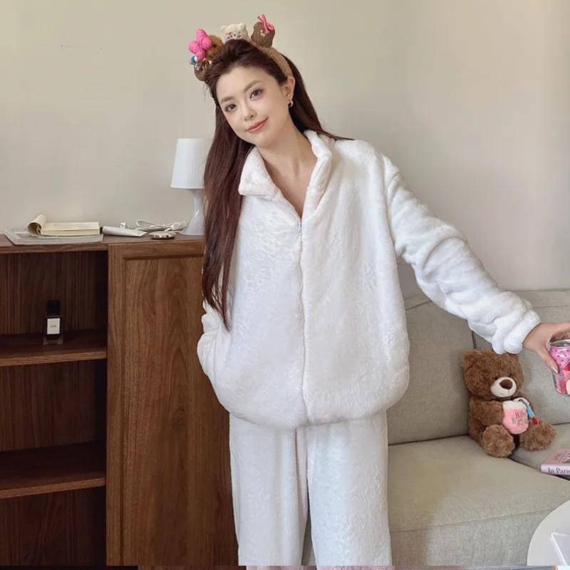 Winter Verdicken Warm Schlafanzug Übergröße Flanell Damen Pyjama Set Homewear Locker Lässig Korallenfleece Rollkragen Kapuzen Loungewear XL von Joom DACH