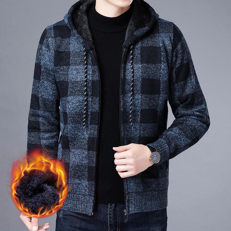 Winter Verdickt Wollmantel Junge männer Strickjacke mit Tasche Plaid Kapuze Langarm Strick 3XL von Joom DACH