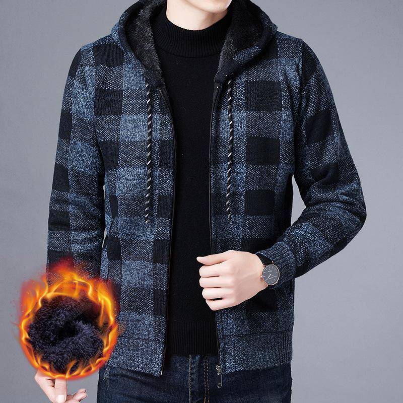 Winter Verdickt Wollmantel Junge männer Strickjacke mit Tasche Plaid Kapuze Langarm Strick 3XL von Joom DACH