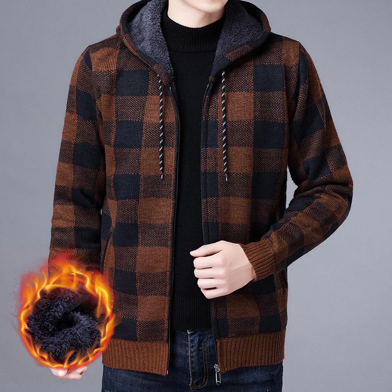 Winter Verdickt Wollmantel Junge männer Strickjacke mit Tasche Plaid Kapuze Langarm Strick XL von Joom DACH