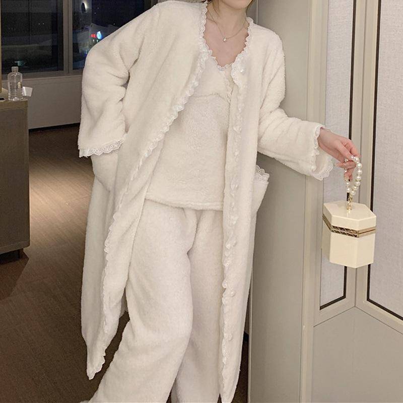 Winter Warm Coral Fleece 3-teiliges Pyjama-Set für Damen, Flanell, Langarm, Oberteil und Hose, Schlafanzug, lässige Heimkleidung XL weiß von Joom DACH