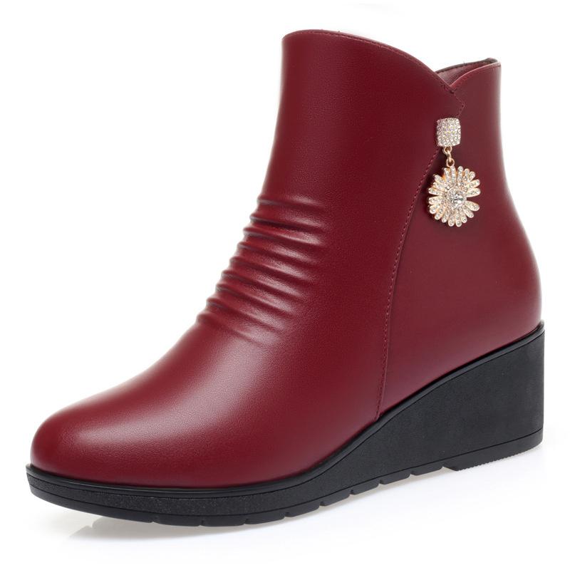 Winter Warm Komfort Weiches Leder Weiche Unterseite Anti-Rutsch-Absatz Leder Kurze Stiefel Damen Plüsch Mittelalter Baumwollstiefel 37 von Joom DACH