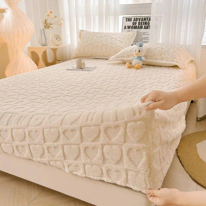Winter Warm Spannbettlaken Taff Samt Fleece Bettwäsche Einzel-/Doppel-/King-/Queen-Size-Plüsch-Matratzenbezug Dicke Bettdecke 2xPillowcase 48x74cm von Joom DACH