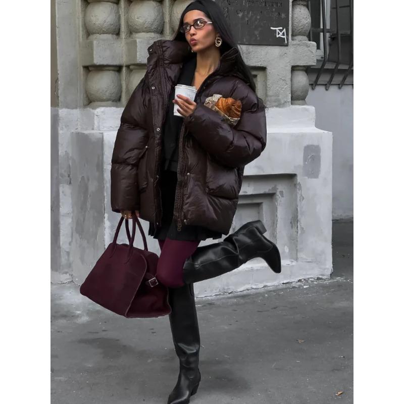 Winter Warme Burgunderrote Dicke Baumwolljacke Damen Elegant Stehkragen Spitze Tasche Reißverschluss Mantel Mode Dame High Streetwear L braun von Joom DACH