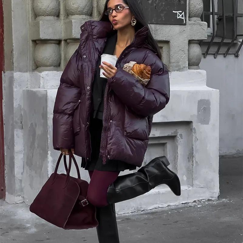Winter Warme Burgunderrote Dicke Baumwolljacke Damen Elegant Stehkragen Spitze Tasche Reißverschluss Mantel Mode Dame High Streetwear S dunkelrote von Joom DACH