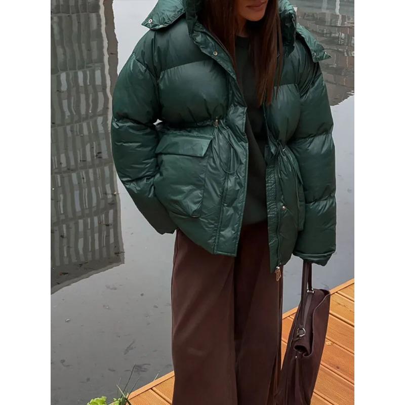 Winter Warme Burgunderrote Dicke Baumwolljacke Damen Elegant Stehkragen Spitze Tasche Reißverschluss Mantel Mode Dame High Streetwear S dunkelgrüne von Joom DACH
