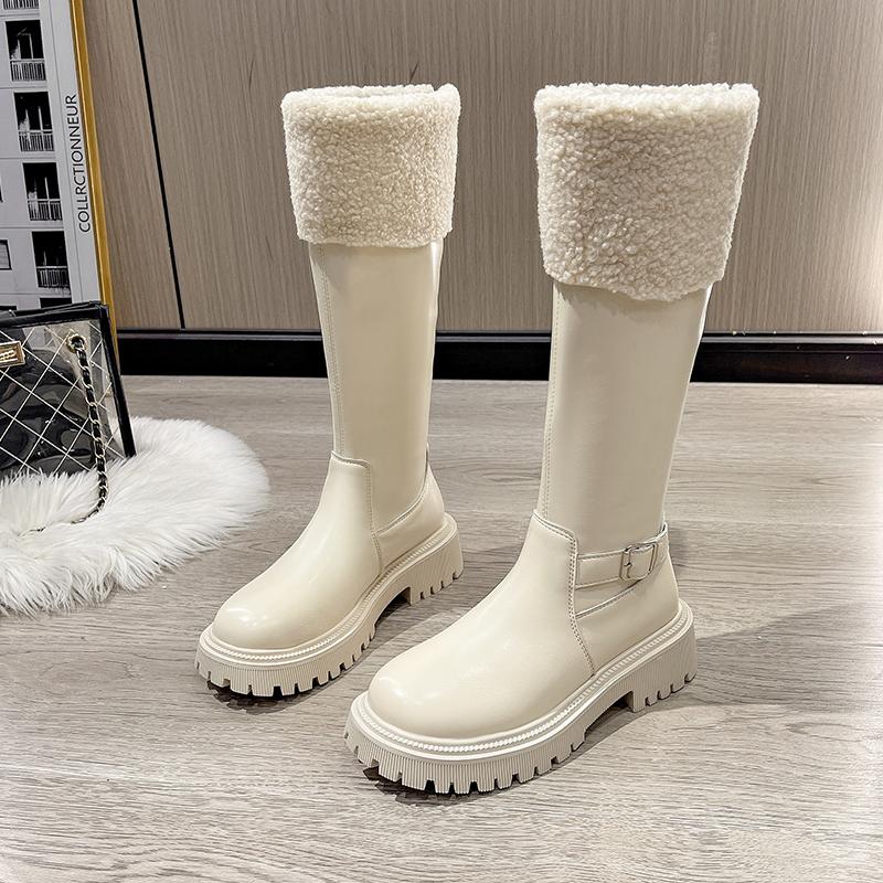 Winter Warme Damen Kniehohe Stiefel Damenmode Dicke Absätze Prägnant Baumwolle Lang Botas De Mujer 35 beige von Joom DACH