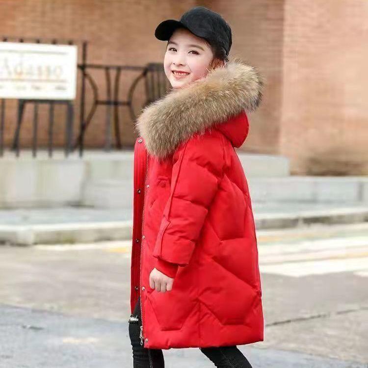 Winter Warme Daunenjacke für Mädchen im Alter von 3–14 Jahren, langer großer Pelzkragen, abnehmbare Mütze, Kapuzenjacke 160 rot von Joom DACH