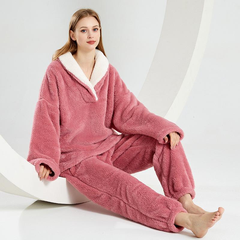 Winter Warme Flanell Frauen Pyjamas Sets Verdicken Korallen Samt Homewear Langarm Nachtwäsche Anzug M rosa von Joom DACH