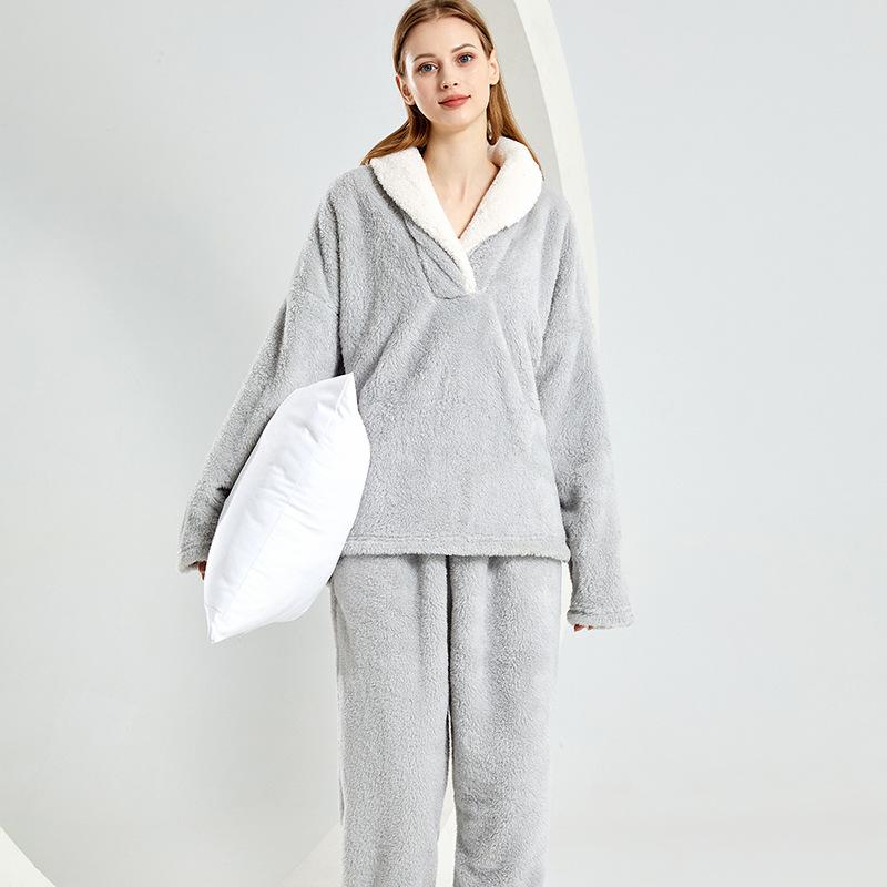 Winter Warme Flanell Frauen Pyjamas Sets Verdicken Korallen Samt Homewear Langarm Nachtwäsche Anzug XL grau von Joom DACH