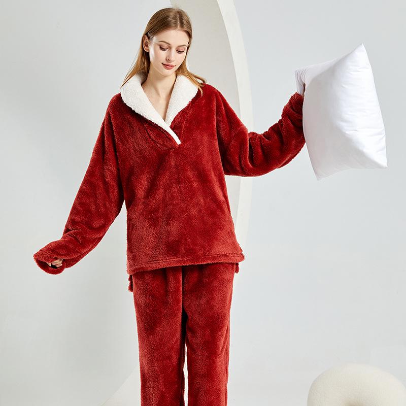 Winter Warme Flanell Frauen Pyjamas Sets Verdicken Korallen Samt Homewear Langarm Nachtwäsche Anzug XXL rot von Joom DACH