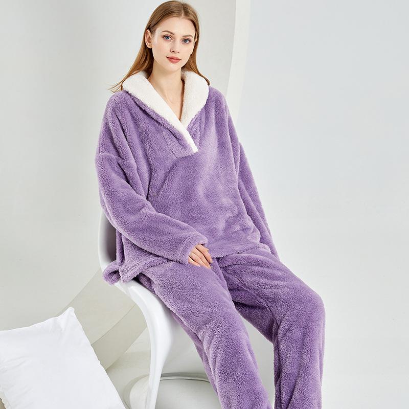 Winter Warme Flanell Frauen Pyjamas Sets Verdicken Korallen Samt Homewear Langarm Nachtwäsche Anzug XXL von Joom DACH