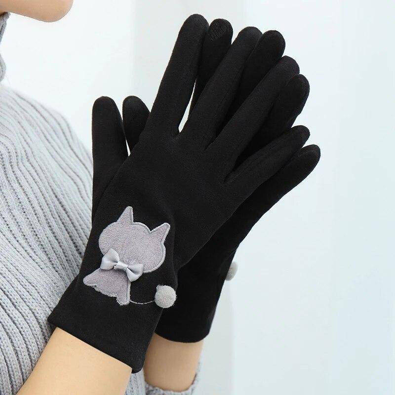 Winter Warme Frauen Handschuhe Dicke Samt Touchscreen Handschuh Damen Volle Finger Fäustlinge Bogen Katze Weibliche Radfahren Kälte Beweis Handschuhe von Joom DACH
