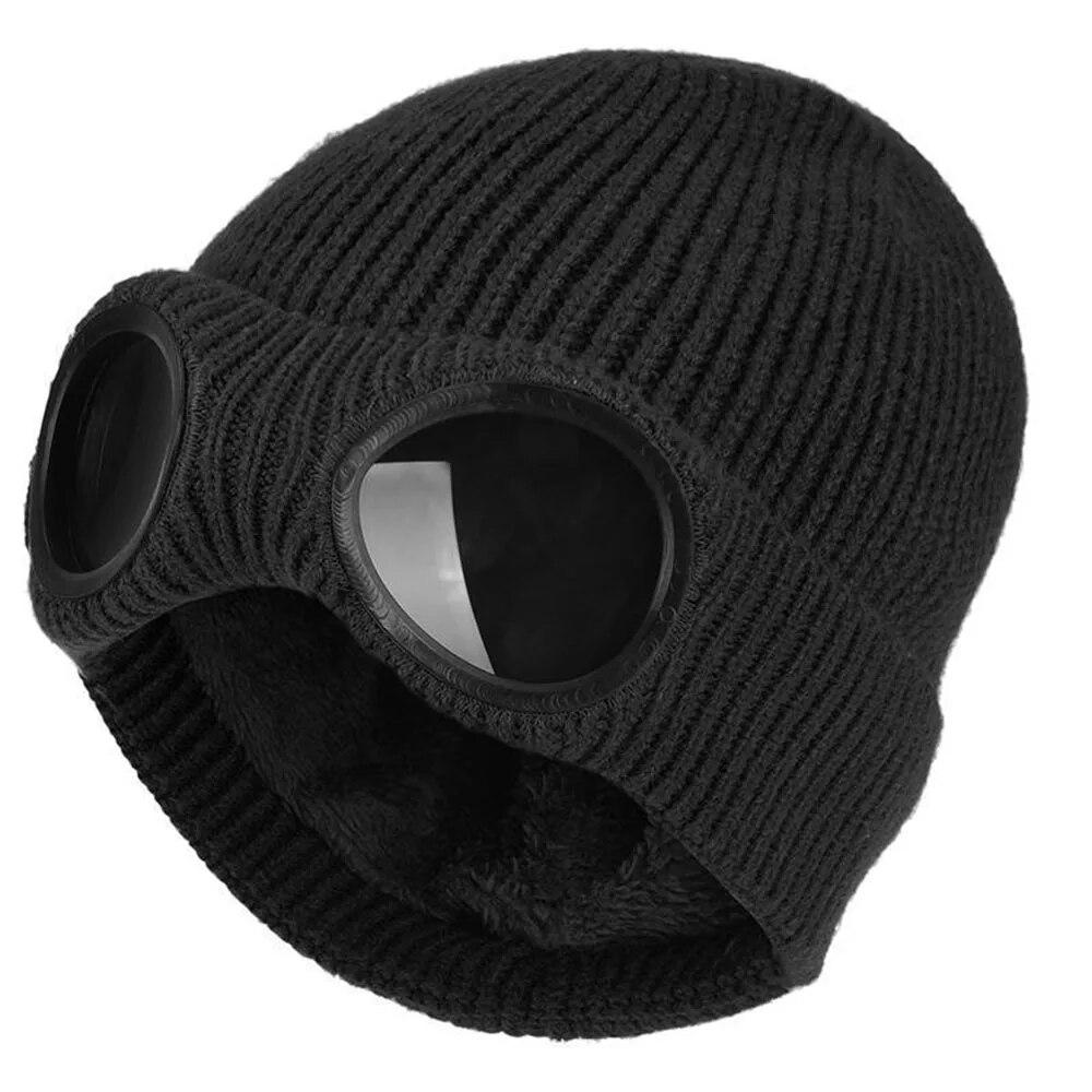 Winter Warme Gestrickte Mütze Männer Frauen Beanie Hut mit Brille Für Erwachsene Unisex Casual Solide Acryl Beanie Damen Im Freien ski Cap One Size schwarz von Joom DACH