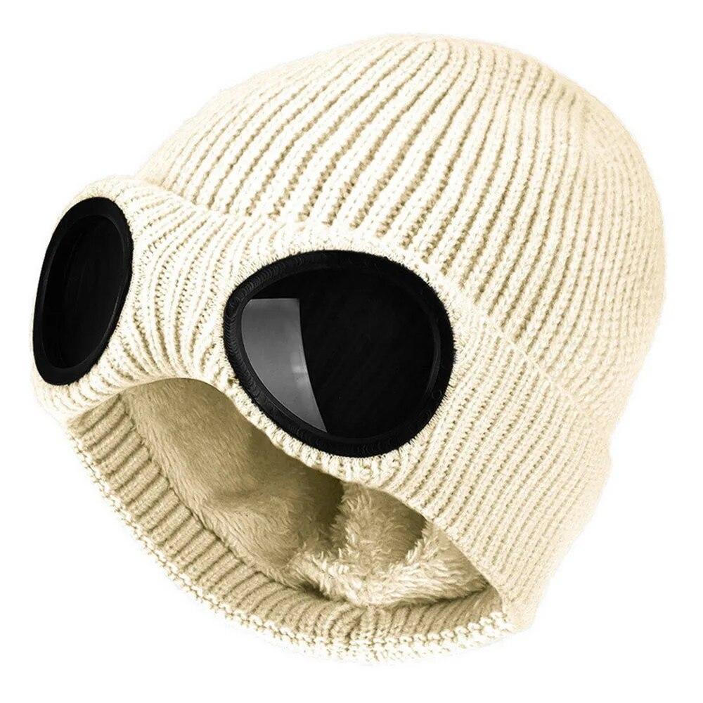 Winter Warme Gestrickte Mütze Männer Frauen Beanie Hut mit Brille Für Erwachsene Unisex Casual Solide Acryl Beanie Damen Im Freien ski Cap One Size beige von Joom DACH