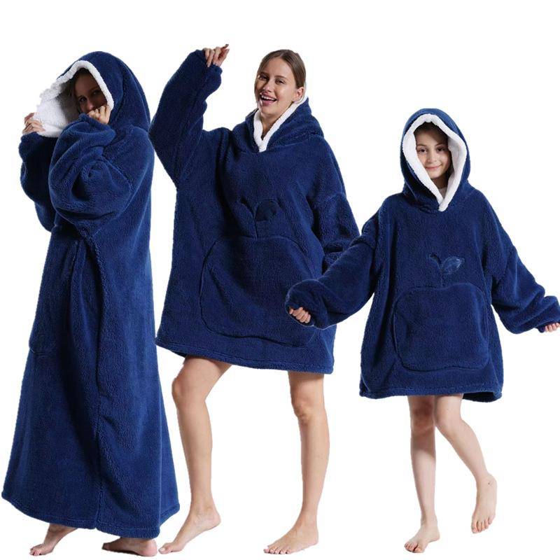 Winter Warmer Fleece Hoodie Bademantel für Damen Einfarbig 75/90/140cm Übergroße Decke Fleece Warme Hoodies Riesen TV Decke Damen Kapuzenbademantel 140cm navy blau von Joom DACH