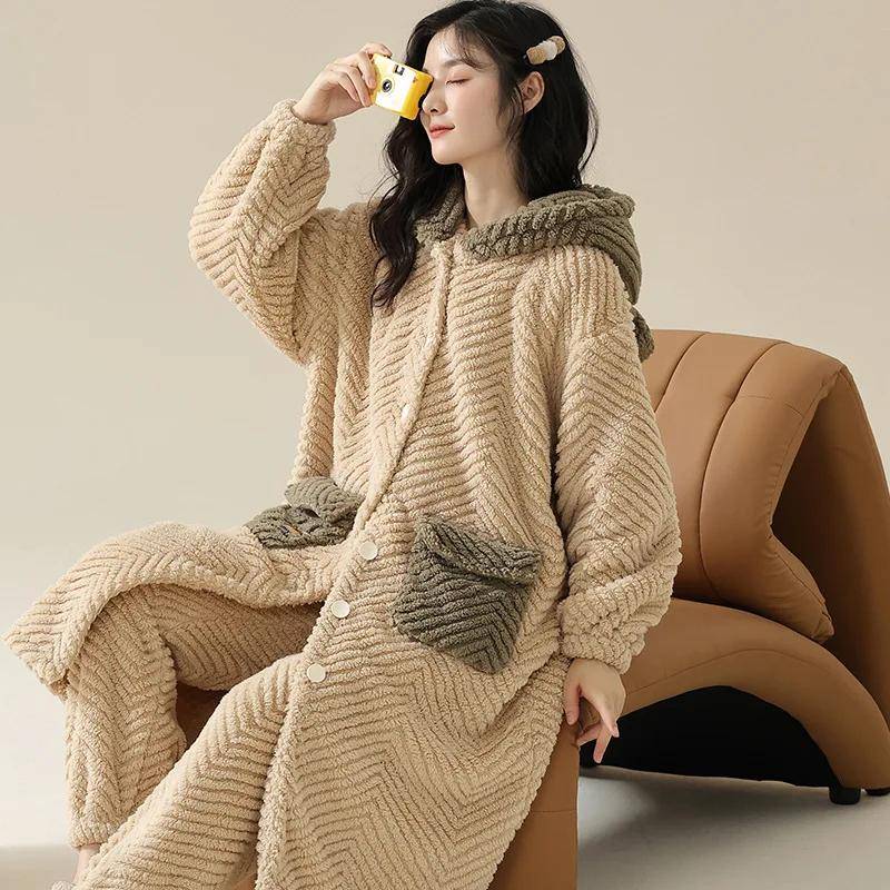 Winter Warmer Kapuzenpyjama Damen Bademantel Hose Pyjama Set Junge Mädchen Korallenvlies Heimkleidung M von Joom DACH