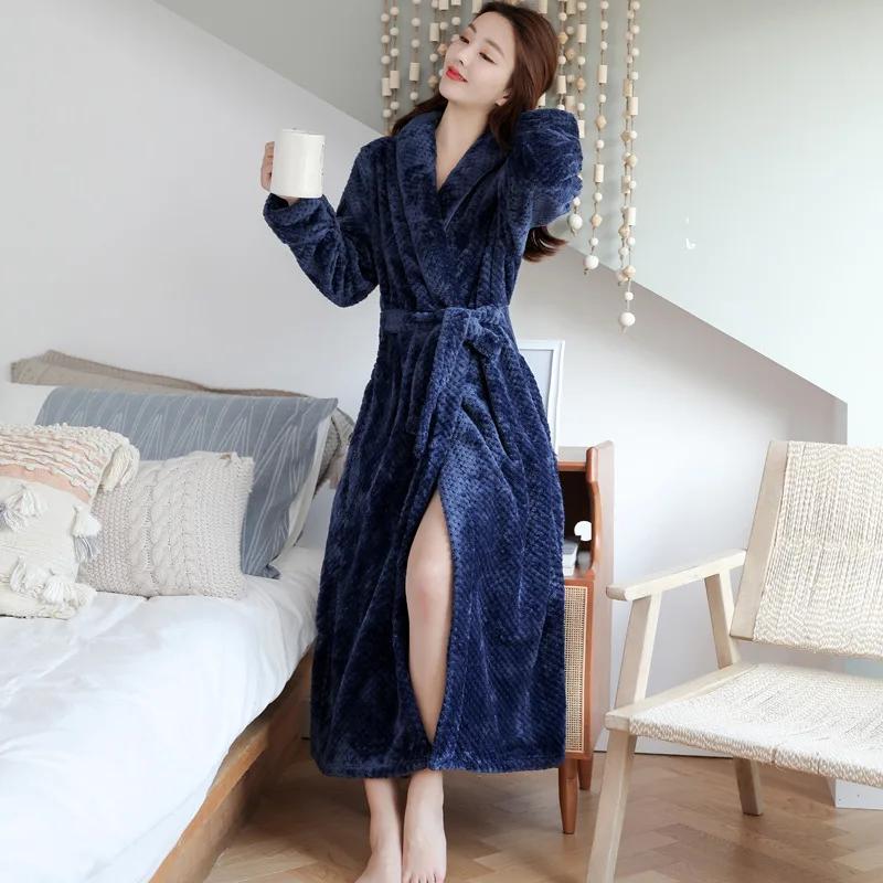Winter Warmer Korallensamt-Kimono-Bademantel Damen-Nachthemd Pyjamas Langer Bademantel Intime Unterwäsche Neue Heimkleidung L navy blau von Joom DACH