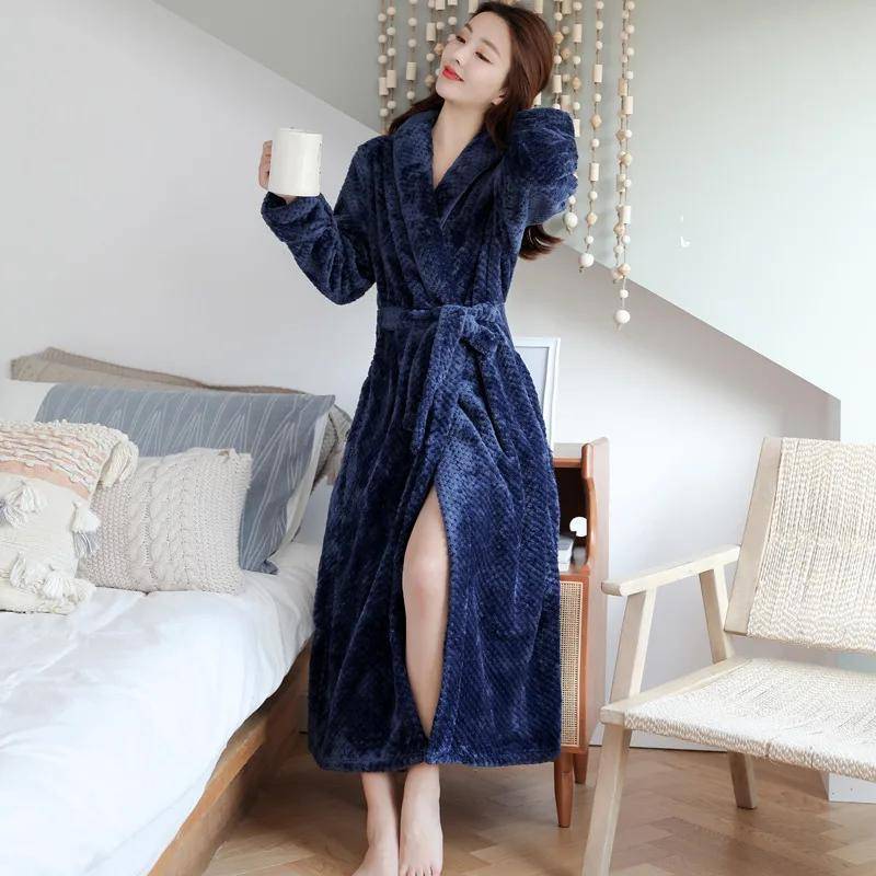 Winter Warmer Korallensamt-Kimono-Bademantel Damen-Nachthemd Pyjamas Langer Bademantel Intime Unterwäsche Neue Heimkleidung L navy blau von Joom DACH