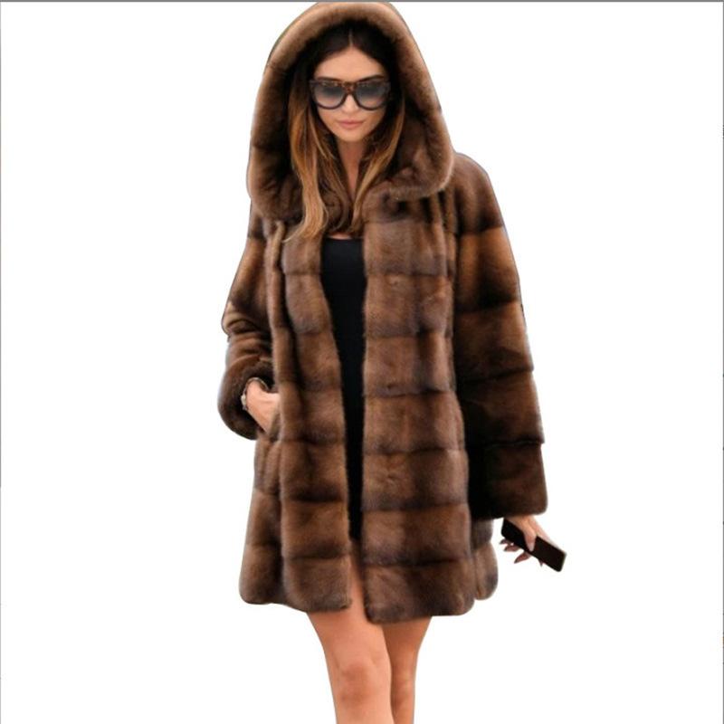 Winter Warmer Kunstpelzkragen Verdickende Kapuzenjacke Damen Übergröße Mittellanger Mantel aus Nerzimitat 9XL von Joom DACH