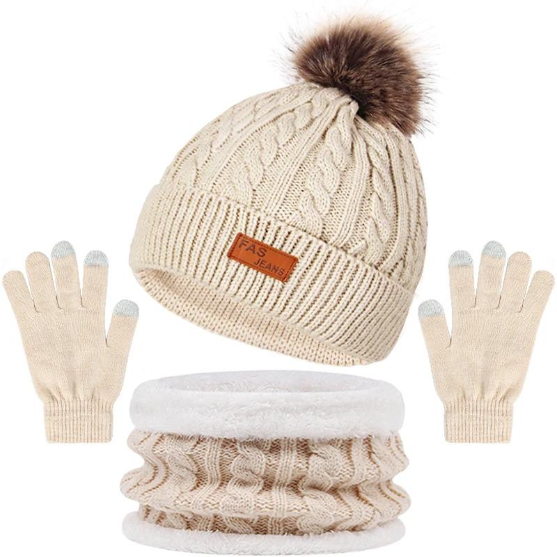 Winter Warmer Schal, Mütze, Handschuhe Set Touchscreen-Handschuhe Pompom Baumwollmützen Motorhaube Plüsch Dicke Schals Unisex Gestricktes Thermo-Set one size beige von Joom DACH