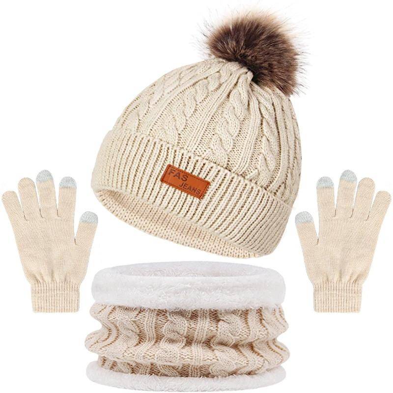 Winter Warmer Schal, Mütze, Handschuhe Set Touchscreen-Handschuhe Pompom Baumwollmützen Motorhaube Plüsch Dicke Schals Unisex Gestricktes Thermo-Set one size beige von Joom DACH