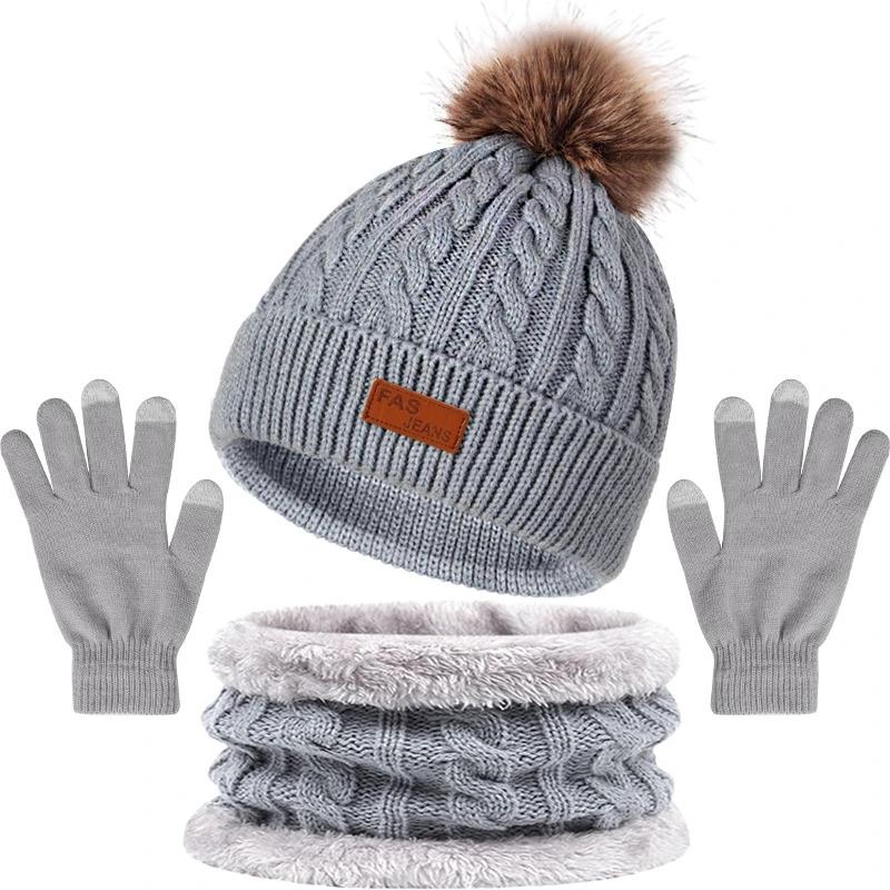 Winter Warmer Schal, Mütze, Handschuhe Set Touchscreen-Handschuhe Pompom Baumwollmützen Motorhaube Plüsch Dicke Schals Unisex Gestricktes Thermo-Set one size graue von Joom DACH