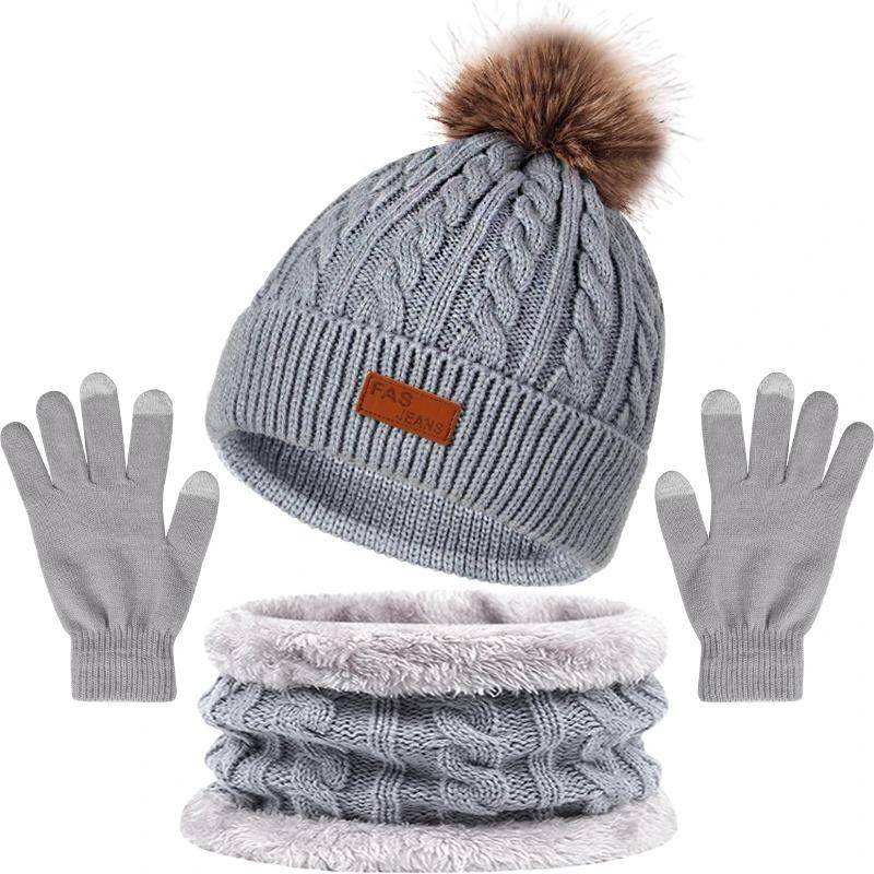 Winter Warmer Schal, Mütze, Handschuhe Set Touchscreen-Handschuhe Pompom Baumwollmützen Motorhaube Plüsch Dicke Schals Unisex Gestricktes Thermo-Set one size graue von Joom DACH