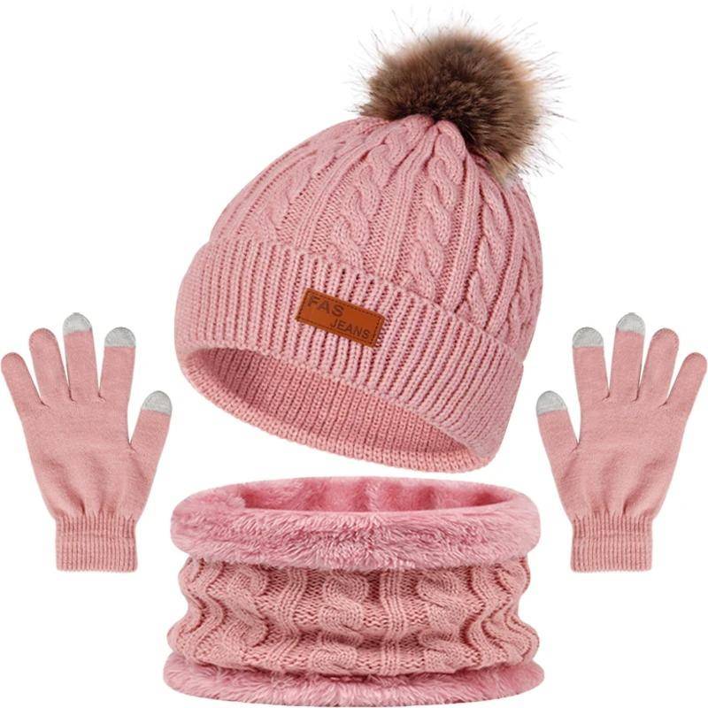 Winter Warmer Schal, Mütze, Handschuhe Set Touchscreen-Handschuhe Pompom Baumwollmützen Motorhaube Plüsch Dicke Schals Unisex Gestricktes Thermo-Set one size rosa von Joom DACH