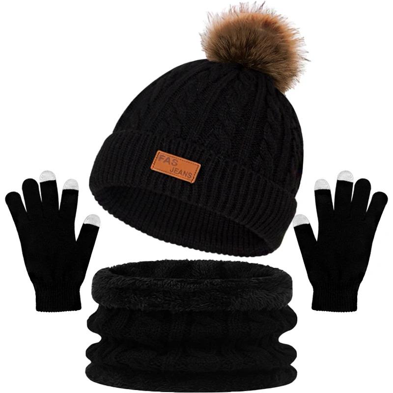 Winter Warmer Schal, Mütze, Handschuhe Set Touchscreen-Handschuhe Pompom Baumwollmützen Motorhaube Plüsch Dicke Schals Unisex Gestricktes Thermo-Set one size schwarz von Joom DACH