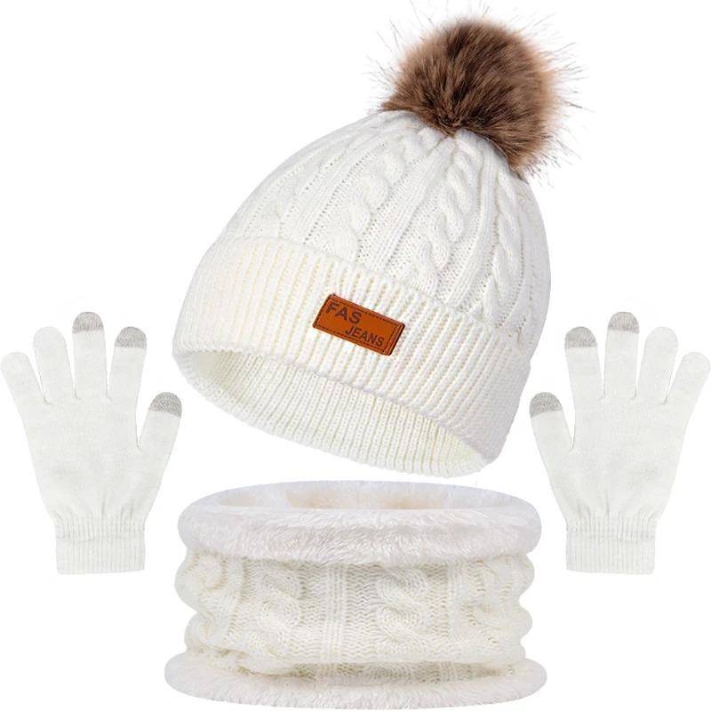 Winter Warmer Schal, Mütze, Handschuhe Set Touchscreen-Handschuhe Pompom Baumwollmützen Motorhaube Plüsch Dicke Schals Unisex Gestricktes Thermo-Set one size weiß von Joom DACH