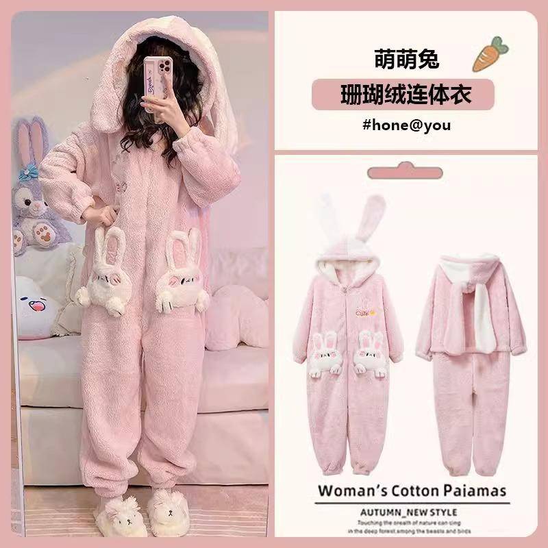 Winter Weiches Mädchen Kaninchen Pyjama Verdicktes Korallenfleece Niedlicher Einteiler Pyjama Mädchen Cartoon Ins Loungewear Nachthemd XL von Joom DACH