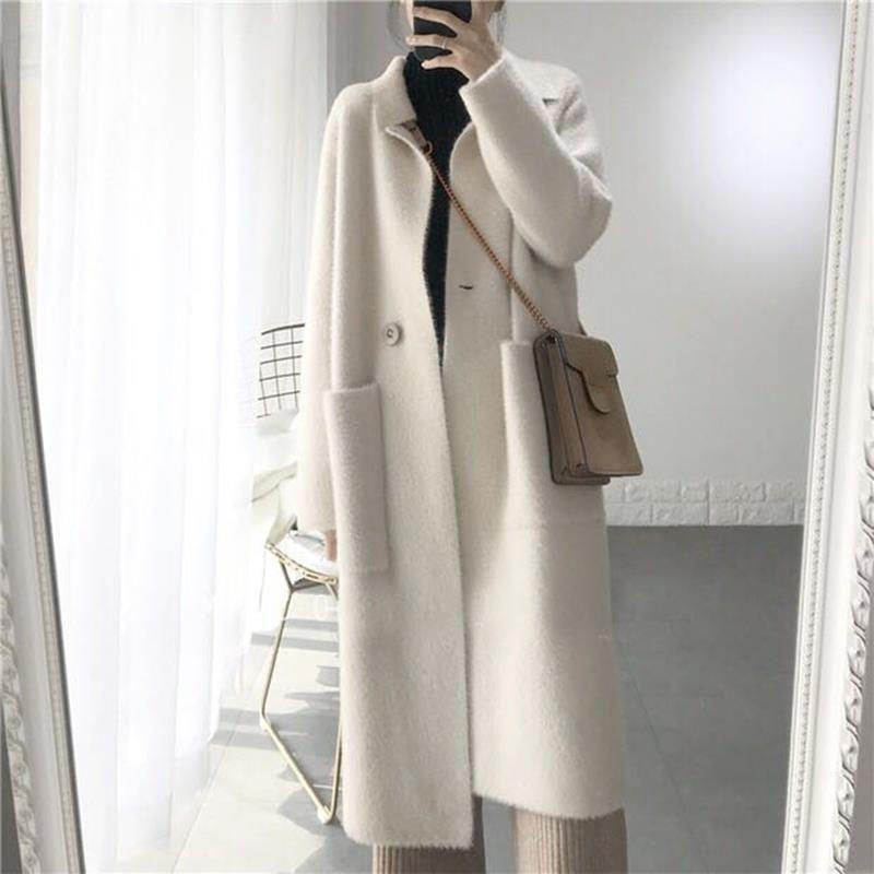 Winter Wild Mohair Wärme Dicke Imitation Nerz Wolle Frauen Lose Strickjacke Mittellangen Über Dem Knie Dicken Mantel Windjacke Frauen Stricken XL beige von Joom DACH