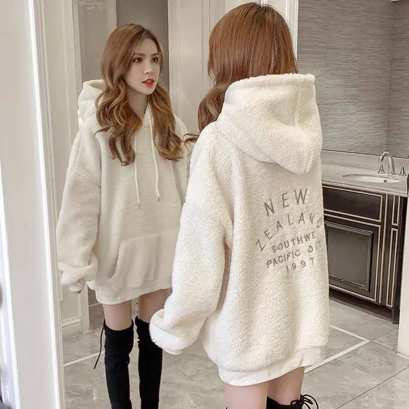 Winter Wild Plus Samt Dicker Lammwollmantel Damen Locker Kapuzenpullover Weiß Damenstudentin S beige von Joom DACH