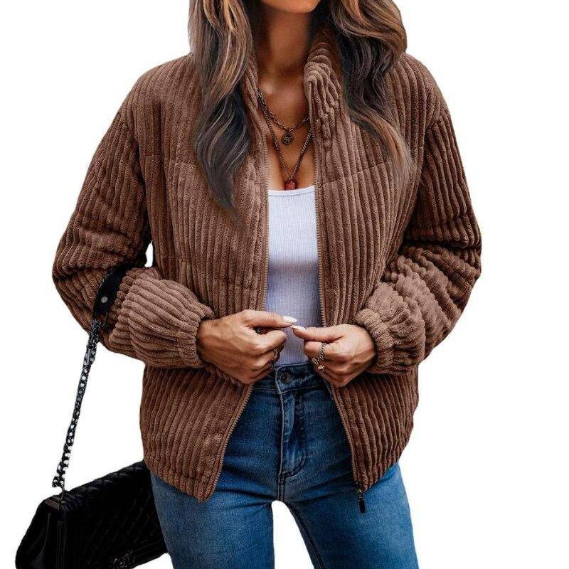 Winter Zipper Mäntel Mode Jacken Für Frauen 2023 Outwear Kleidung Tops Fleece Langarm Einfarbig Pit Streifen Kleidung 23516 XXXL braun von Joom DACH