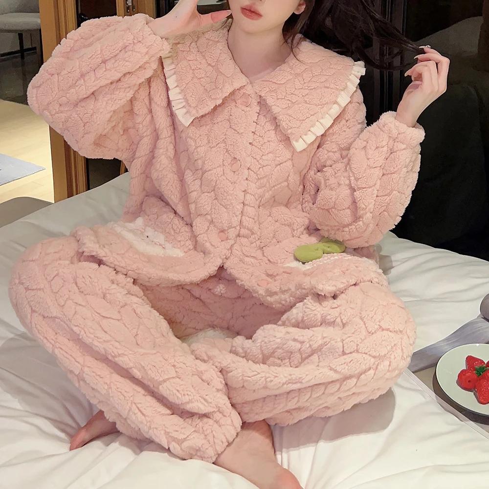 Winter frauen Warme Pyjama Set Korallen Fleece Nachtwäsche Flanell Dicken Cartoon Pyjamas Übergroßen Hause Kleidung Übergroßen Pyjama M von Joom DACH