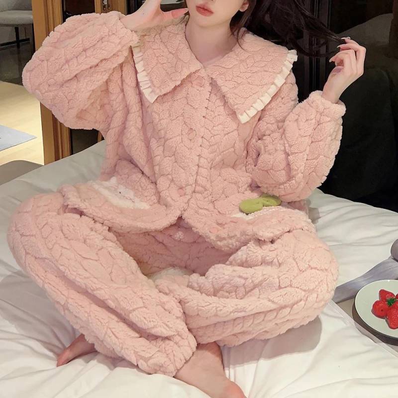 Winter frauen Warme Pyjama Set Korallen Fleece Nachtwäsche Flanell Dicken Cartoon Pyjamas Übergroßen Hause Kleidung Übergroßen Pyjama M von Joom DACH