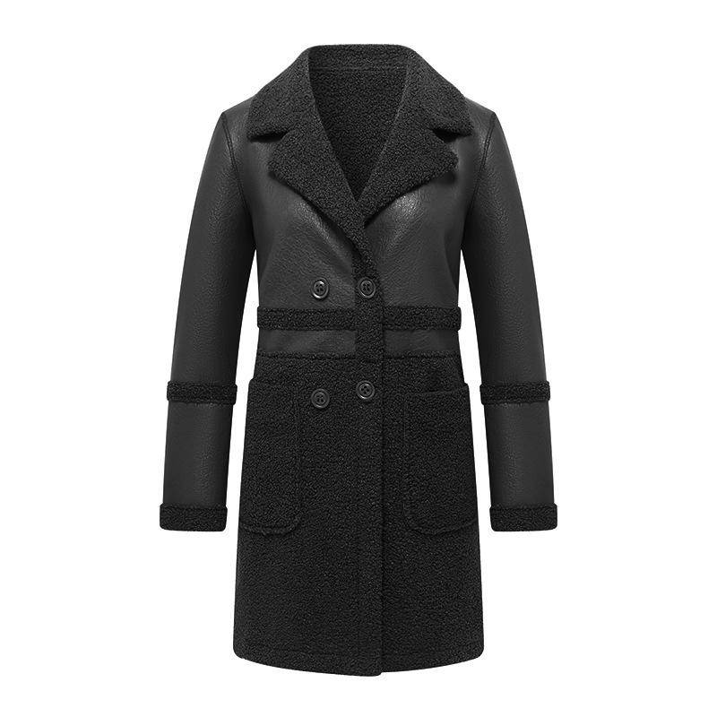 Winter mittellange samtverdickte Anzugkragen Reversible lose PU-Lederjacke für Damen XL schwarz von Joom DACH