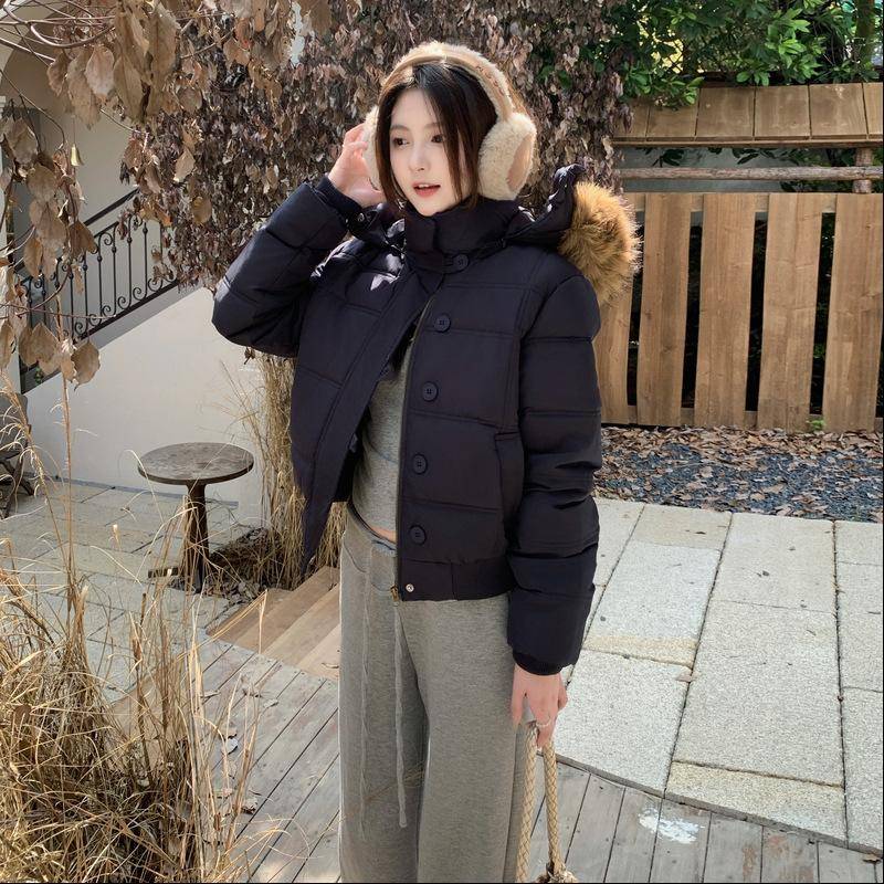 Winter neue Kapuzen-Baumwollkleidung, Baumwollkleidung ist dünn und einfach, Kurzmantel mit großem Pelzkragen für Damen S schwarz von Joom DACH