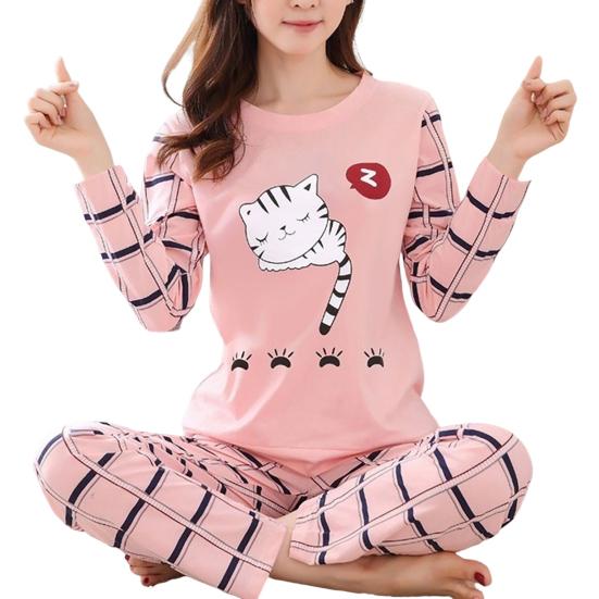 Winter süße Cartoon Katze Print Pyjama Set Frauen zweiteilige Langarm Nachtwäsche L von Joom DACH