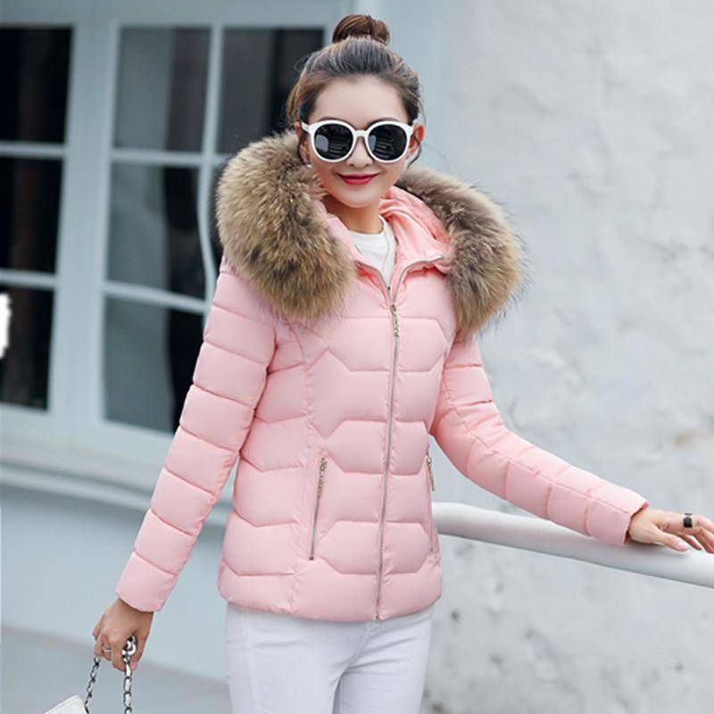 Winter und Herbst Winter Short Style Damen tragen Parkas Outwear Damen Mäntel Künstlicher Waschbärpelzkragen Winterjacke S rosa/gelb von Joom DACH