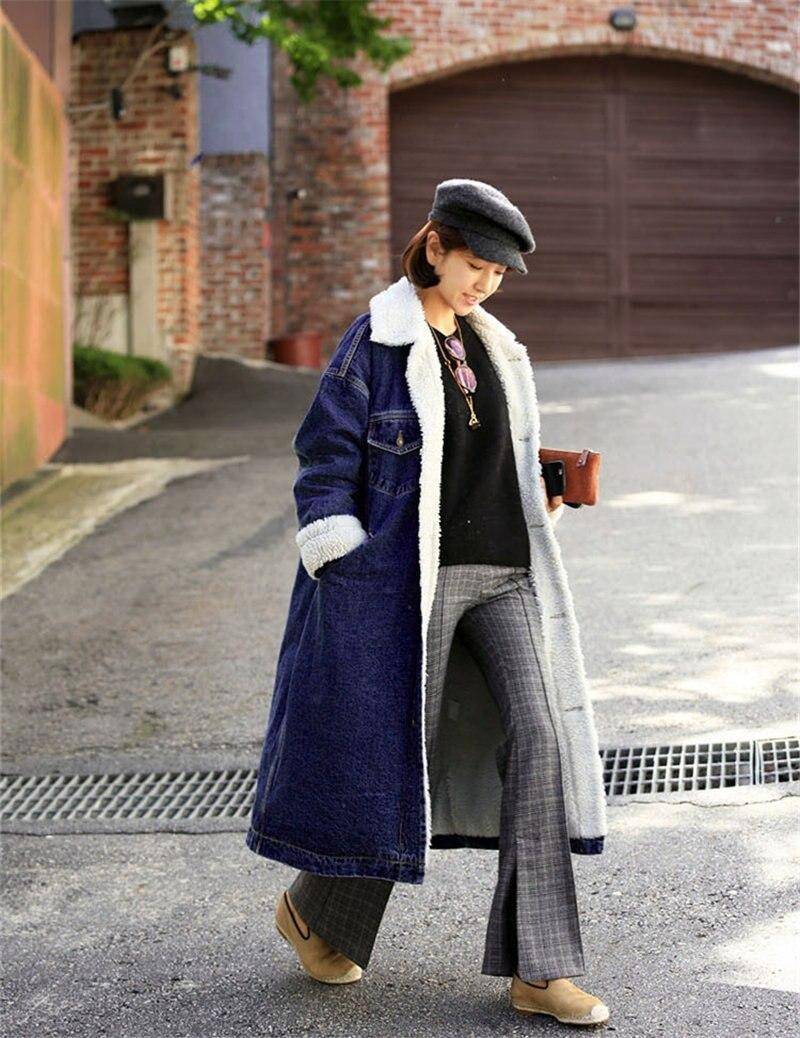 Winter verdickter langer Lammsamt-Denim-Trenchcoat. Winter-lange Trenchcoats für Frauen, einreihig gestaltete Denim-Mäntel XXL blau von Joom DACH