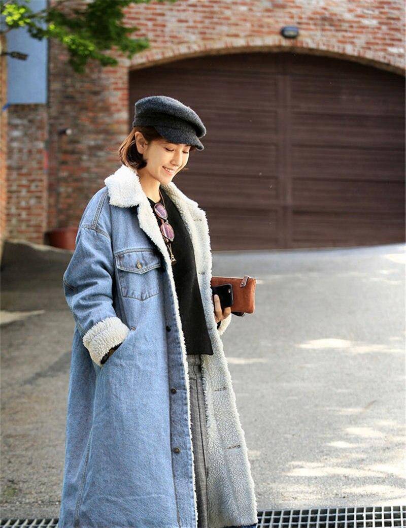 Winter verdickter langer Lammsamt-Denim-Trenchcoat. Winter-lange Trenchcoats für Frauen, einreihig gestaltete Denim-Mäntel XXL himmelblaue von Joom DACH