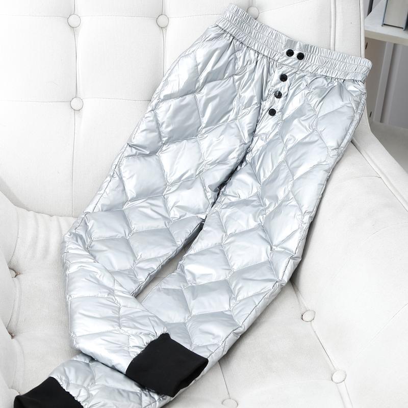 Winter warme dicke Frauen Daunenhose lässig hohe Taille glänzend Diamant Patchwork Knopf Haremshose für lange Hosen L silber von Joom DACH