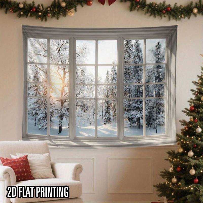 Winterfensterblick Weihnachtsbaum Wandbehang Wandteppich Weihnachten Wandbehang Baum Wandbehang Wunderschöner Weihnachtsbaum Kamin Geschenke 150x130cm von Joom DACH